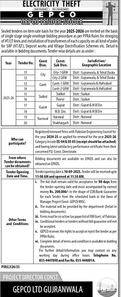 GEPCO Gujranwala Tender Notice-1